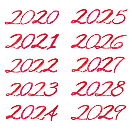 Red watercolor lettering from 2020 to 2029 decade. All numbers isolated on a white background,...