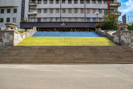 Kharkiv, Ukraine - July 20, 2020: Big granite staircase up on Serhiivskyi Maidan in Kharkov. Old...