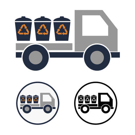 Simple vector round icon of a truck with three garbage cans in the back. Schematic clipart of a machine for the removal of household waste for recyclingのイラスト素材