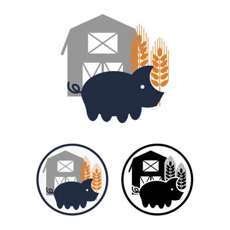 Simple flat vector farm clipart. Farming icon with silhouettes of pig, barn and spikelets of wheatのイラスト素材