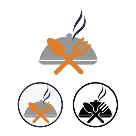 Hot steaming dish icon with crossed spoon and fork. Set of black and white and color simple flat vector cliparts of the crockery.のイラスト素材