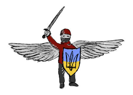 Colored vector character of Ukraine modern guardian angel. Grunge lineart drawing of winged warrior with sword and shield with ukrainian flag and tridentのイラスト素材