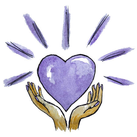Watercolor illustration of female hands giving heart, isolated on white background. Purple and gold art with palms around a large glowing heartの写真素材