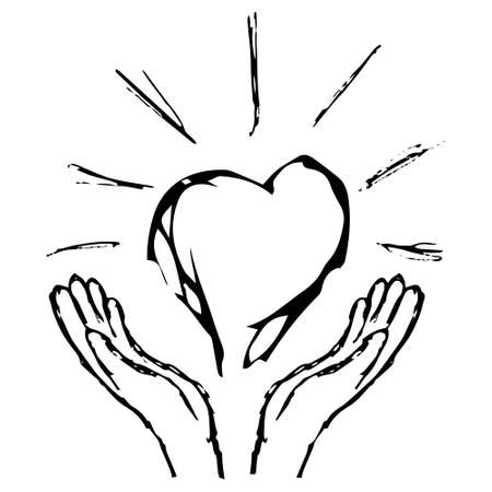 Black and white grunge sketch of hands giving a glowing heart. Simple vector outline illustration. The concept of faith, kindness, medicine, etc.のイラスト素材