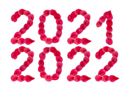 Decorative floral cliparts 2021 and 2022 isolated on white background. Set of natural pink - red design elements for the calendar. Numbers made of flower petalsの写真素材