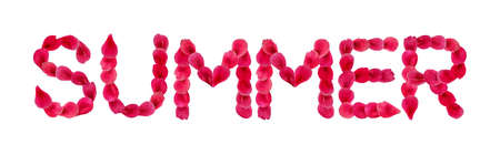 Floral word Summer made from purple peony petals isolated on white background. Decorative natural set of English letters from flower petalsの写真素材