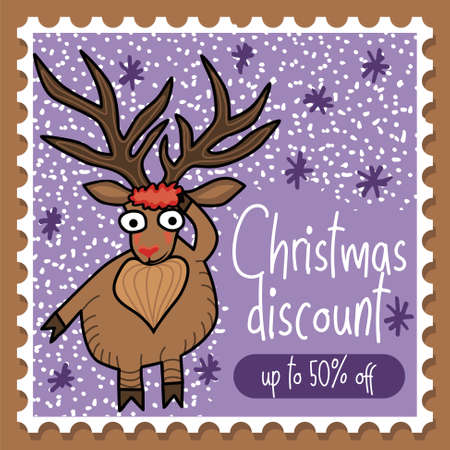 Festive Xmas illustration-stamp for with surprised strange deer. Christmas discount template. Cheerful cartoon backgroundのイラスト素材
