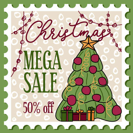 Simple Xmas cartoon illustration-stamp with Christmas tree and gifts. Christmas mega sale template. Cheerful festive backgroundのイラスト素材
