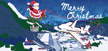 Vector card-flyer "Merry Christmas". Santa Claus on a sleigh flies tied to an airplane over a mountain panorama of a winter town with a runwayのイラスト素材