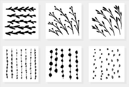 Set of six simple vector different patterns. Floral textures of stems and branches with leaves and berries and abstract backgrounds of hand-drawn dots, spots and linesのイラスト素材