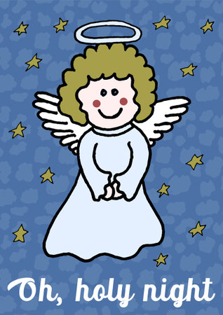 Cute angel on blue textured background with stars and text Oh, holy night. Simple vector A6 holiday card with Christmas Baby Angelのイラスト素材