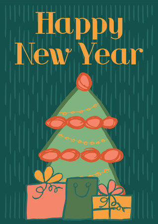 Simple vector Happy New Year card with Christmas tree and gifts. Flat hand-drawn greeting template in green-orange-yellow colorのイラスト素材