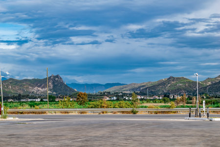 Beautiful mountain landscape on the Antalya-Alanya highway (Turkey). Bright summer and autumn panorama of the turkish countryside on a cloudy dayの写真素材