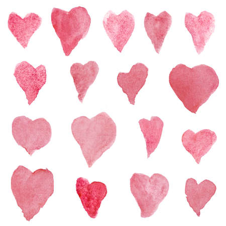 Set of tender pink watercolor hearts isolated on white background. Romantic pattern, hand-drawn with paintsの写真素材