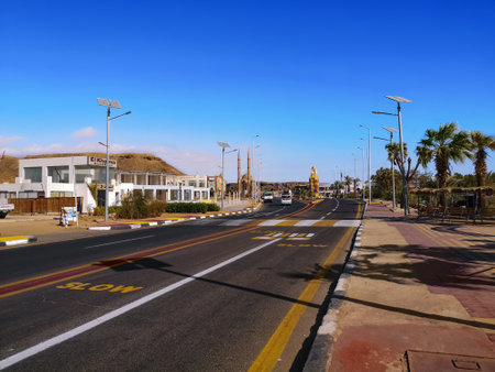 Sharm El Sheikh, Egypt - January 17, 2020: Mohamed El Yamany Street in Sharm El Sheikh. An asphalt road among tropical landscapes in a resort town on the Sinai Peninsulaのeditorial素材