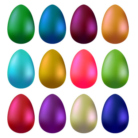 Set of multicolored glossy eggs isolated on white background. Vector icons of Easter eggs created using the Mesh Toolのイラスト素材