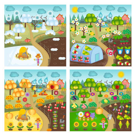 Set of seasonal vector gardening landscapes for kids. Winter, spring, summer and autumn garden and vegetable garden illustrations with fruit and vegetable harvestのイラスト素材