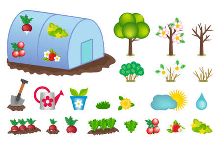 Set of kids cartoon spring icons isolated on white. Vector cliparts of greenhouse with vegetables and berries, flowering trees and bushes, gardening tools and symbols of sun, clouds and rainのイラスト素材