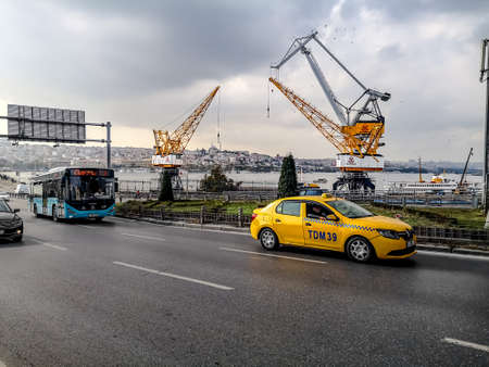 Istanbul, Turkey - October 29, 2019: Taxi on Ataturk Bridge in Istanbul. Cityscape of the road across the Golden Horn Bayのeditorial素材