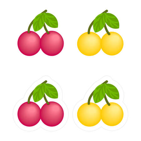 Die-cut sticker template with red and yellow cherry or sweet cherry fruit clipart. Simple cartoon...