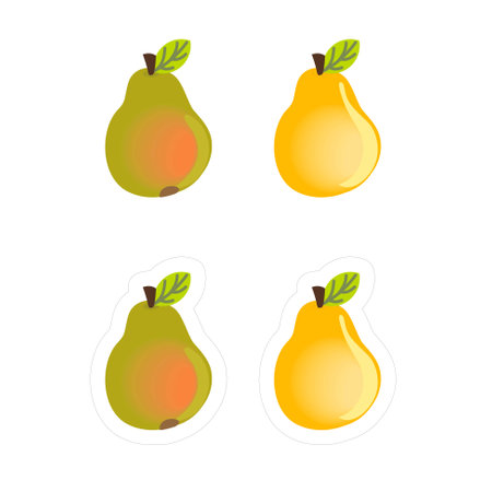 Simple cartoon pear fruit icon for game. Vector sticker of ripe pear fruit with white outline for die cuttingのイラスト素材