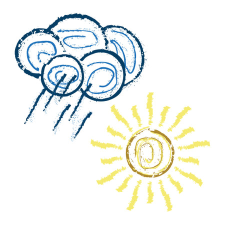 Creative grunge sun and rain cloud doodles. Simple vector icons of weather elementsのイラスト素材