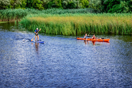 Kherson, Ukraine - July 22, 2020: Two women sailing in a canoe and a man-sapsurfer on the background of swamp thickets on Konka River in Kherson. Tourists are engaged in active water sports in natureのeditorial素材