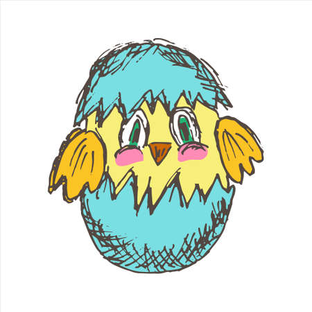Cartoon chick in eggshell. Simple flat vector clipart of nestling hatched from egg, isolated on white backgroundのイラスト素材