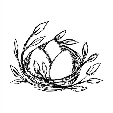 Vector grunge black and white linear illustration of a nest with three eggs. Hand drawn sketch of bird house isolated on white backgroundのイラスト素材