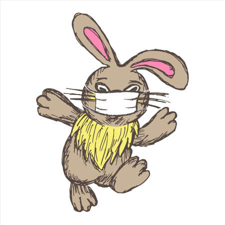 Vector grunge clipart of a cheerful jumping rabbit in a protective face mask. Easter bunny clipart. Holiday concept during epidemicのイラスト素材