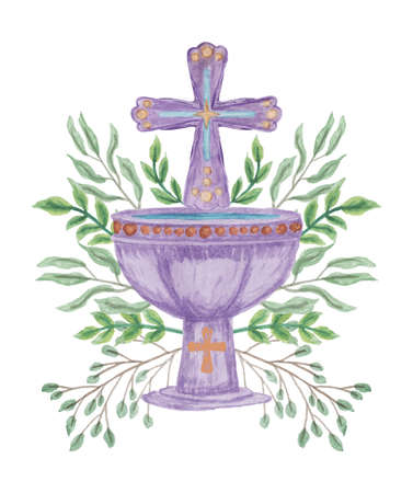 Vector clipart of a violet baptismal bowl and a cross framed by green branches, stylized as a watercolor. Hand-drawn vector clipart for christeningの写真素材
