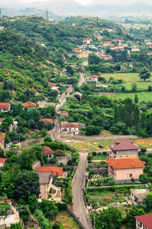 Rural landscape in the suburb of Shkoder (Albania) - view from the Rozafa Castle, vertical. Summer...