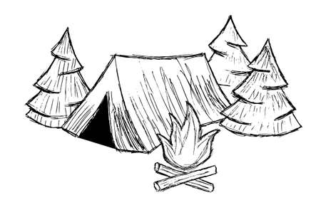 Black and white vector sketch of tourist tent in forest with bonfire. Simple contour landscape. Outdoor recreation conceptのイラスト素材