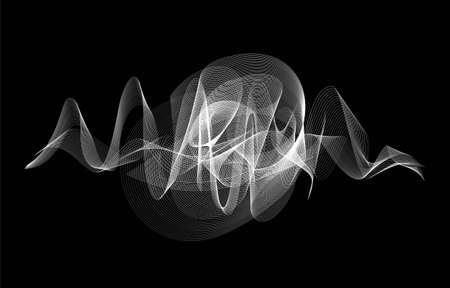 White abstract linear dynamic object with waves on black background. Sound wave concept. Vector line clipartのイラスト素材