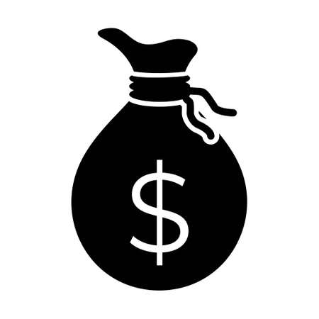 Simple flat black and white money bag icon. Vector silhouette of a rag bag with a dollar signのイラスト素材