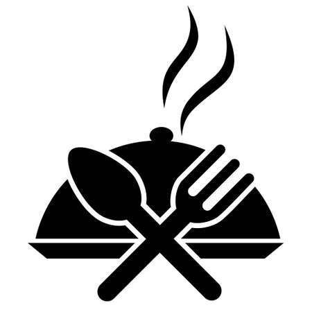 Simple flat black and white icon of fork, spoon and hot dish. Vector symbol of food, cuisine, restaurant menuのイラスト素材