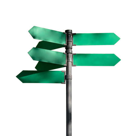 Metal pole with seven green arrow pointers isolated on white. Signpost mockup with blank direction indicatorsの写真素材