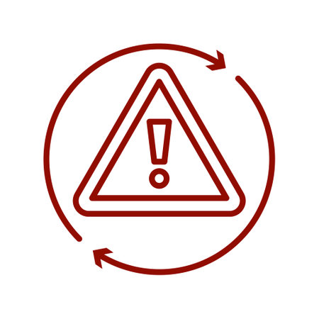 Red triangle with an exclamation mark inside, surrounded by a circular arrow. Cyclic warning symbol. Simple vector outline colored icon with thin linesのイラスト素材