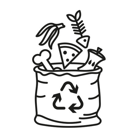 Trash bag with organic waste and triangular waste recycling symbol. Simple outline black and white vector icon. Thin linesのイラスト素材