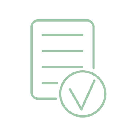 Simple outline turquoise document icon with a check mark inside a circle. Documentation check concept. Colored vector modern minimal signのイラスト素材