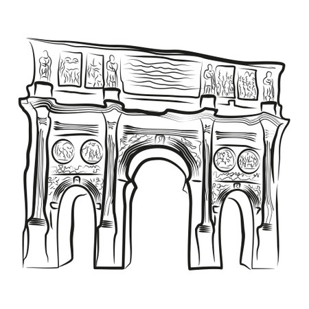 Hand-drawn rough black and white sketch of Triumphal Arch of Constantine in Rome, Italy. Vector line illustration of the Italian landmarkのイラスト素材