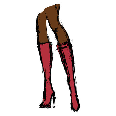 Legs of a dark-skinned woman in pink knee-high boots with a thin stiletto heel. Hand-drawn color vector illustration isolated on transparent backgroundのイラスト素材