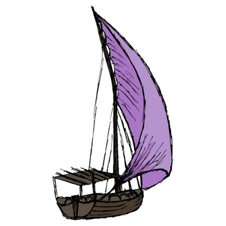 Rough hand-drawn color drawing of the fishing sailing wooden boat with a purple sail. Simple vector...