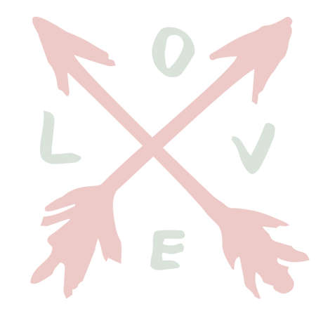 Simple vector hand-drawn symbol of crossed arrows and letters LOVE. Light pink-blue romantic icon for holiday design for Valentines Day or Weddingのイラスト素材
