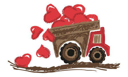 Rough textured drawing of a truck carrying a full truck body of hearts. Hand-drawn creative vector illustration. Lots of love conceptのイラスト素材