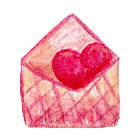 Watercolor drawing of an open envelope with a heart inside, isolated. Hand-drawn ink romantic clipart for Valentine Day, Date or Weddingの写真素材