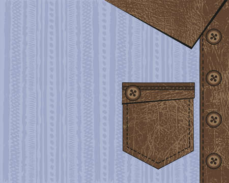 Background of a blue male shirt with a brown leather collar, chest pocket and buttons. Vector textured template with copy space for boys or menのイラスト素材