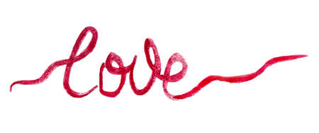 Italic handwriting pink lettering LOVE. Watercolor hand drawn word, isolatedの写真素材