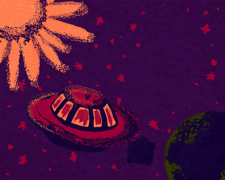 UFO in outer space near planet Earth. Cartoon textured creative universe vector illustration with...