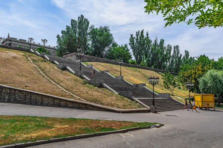 Mykolaiv, Ukraine - July 26, 2020: City staircase on Bulvar Flotskiy Boulevard in Mykolayiv. People...